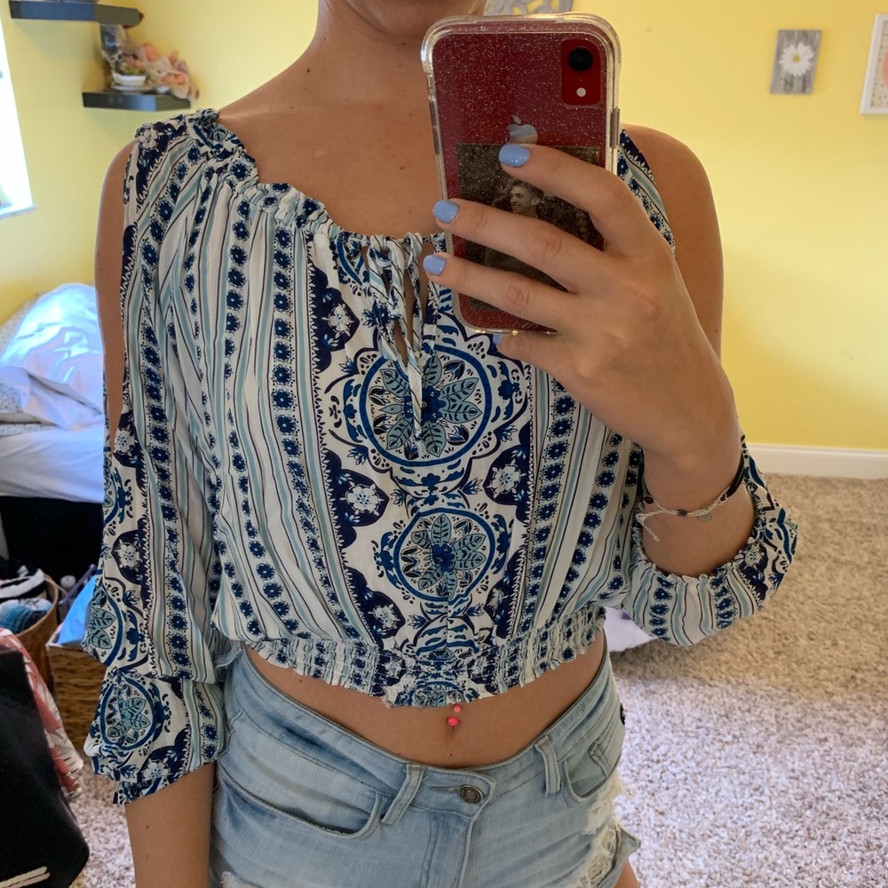 Blue and white crop shirt